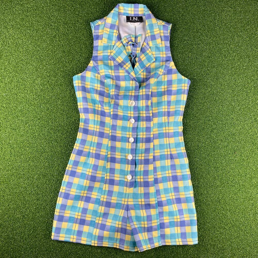 Vintage 90s Y2K I.N San Francisco Blue & Yellow Plaid Tie Detial Playsuit Sz S